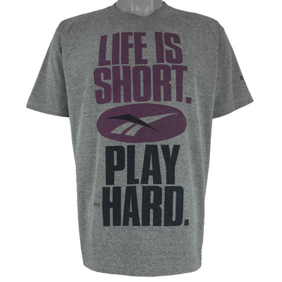 Reebok - Grey Life Is Short Play Hard T-Shirt 1990s Large