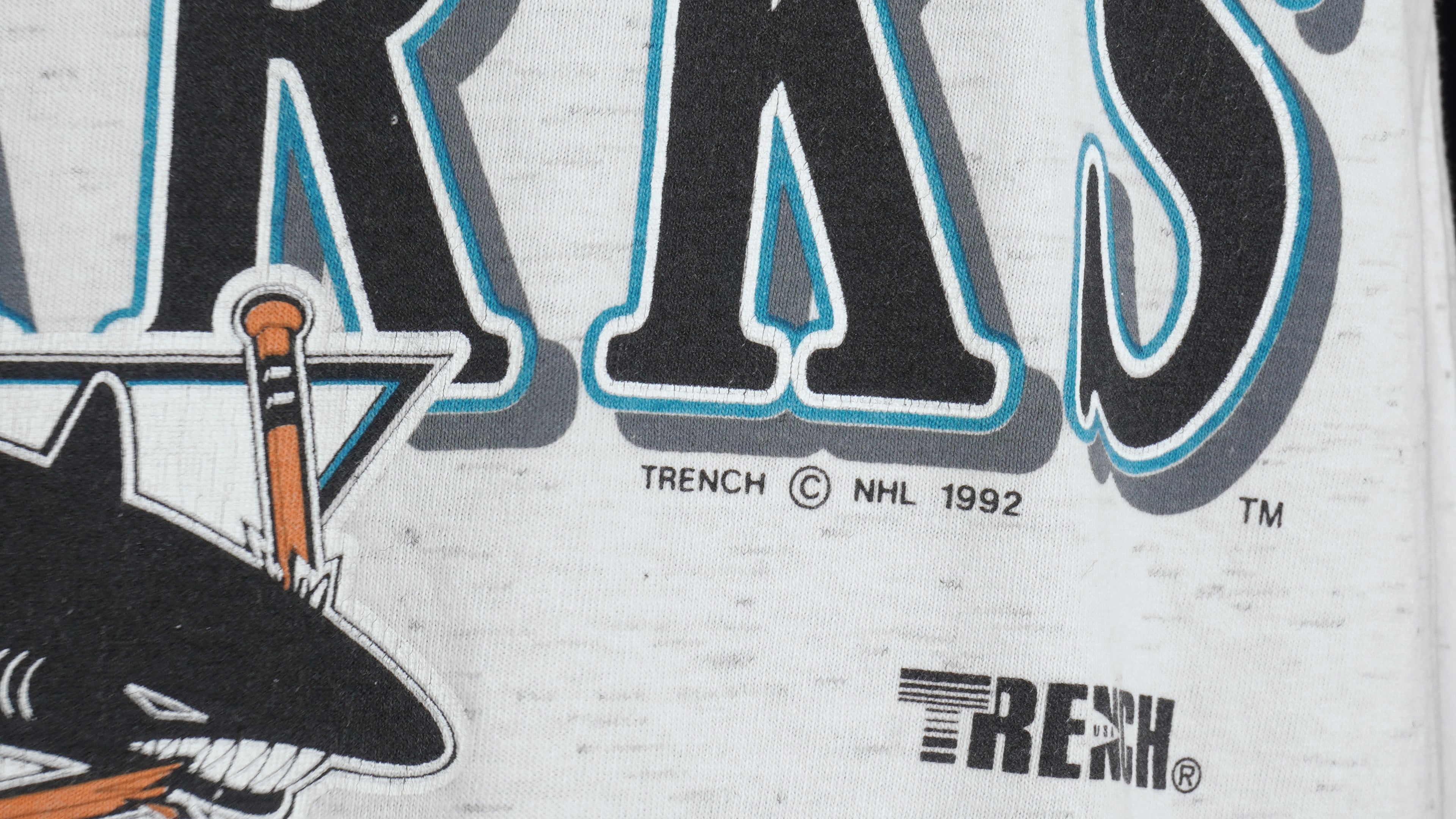 NHL (Trench) - San Jose Sharks Single Stitch T-Shirt 1992 Large Vintage Retro Hockey
