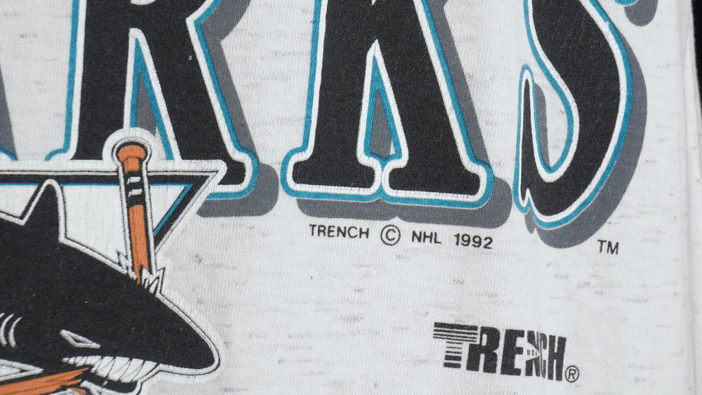 NHL (Trench) - San Jose Sharks Single Stitch T-Shirt 1992 Large Vintage Retro Hockey