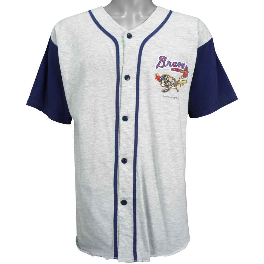 MLB (Sun Sports Wear) - Atlanta Braves Button Up T-Shirt 1995 Large Vintage Retro Baseball
