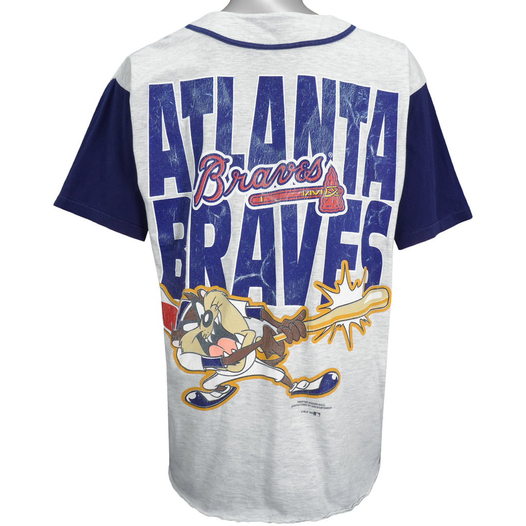 MLB (Sun Sports Wear) - Atlanta Braves Button Up T-Shirt 1995 Large Vintage Retro Baseball