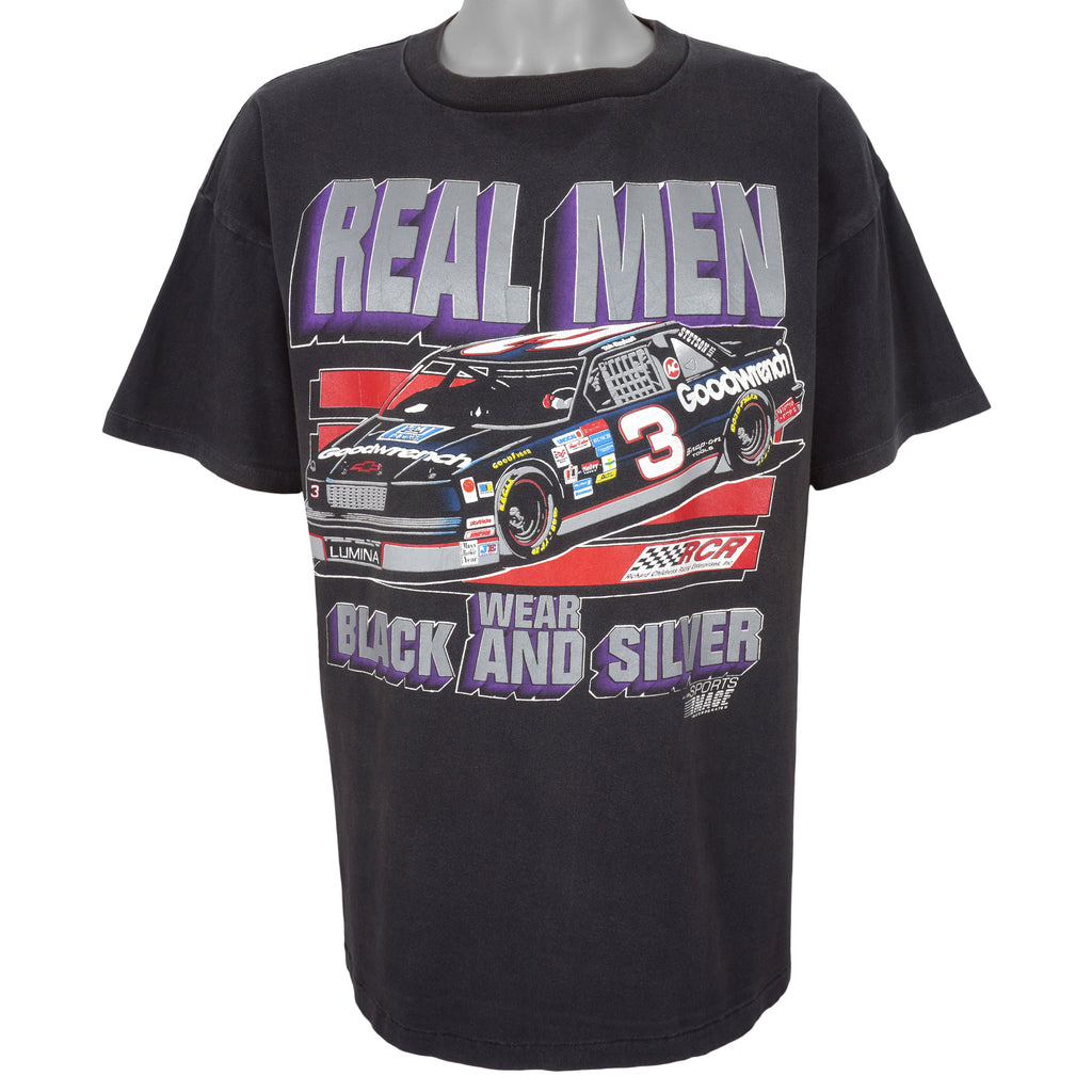 NASCAR (Sports Image) - Dale Earnhardt Real Men Wear Black and Silver T-Shirt 1990s X-Large Vintage Retro