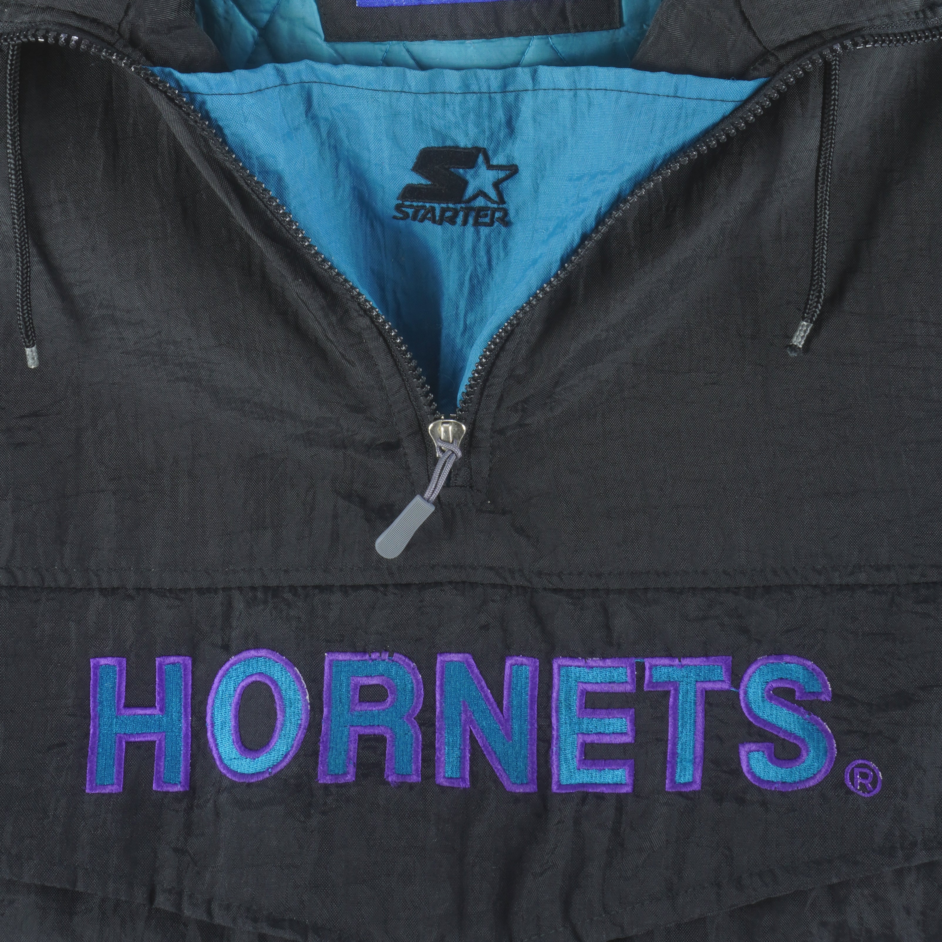 VTG RARE STARTER CHARLOTTE HORNETS Quarter ZIPP PULLOVER WITH HOOD JACKET  SIZE L