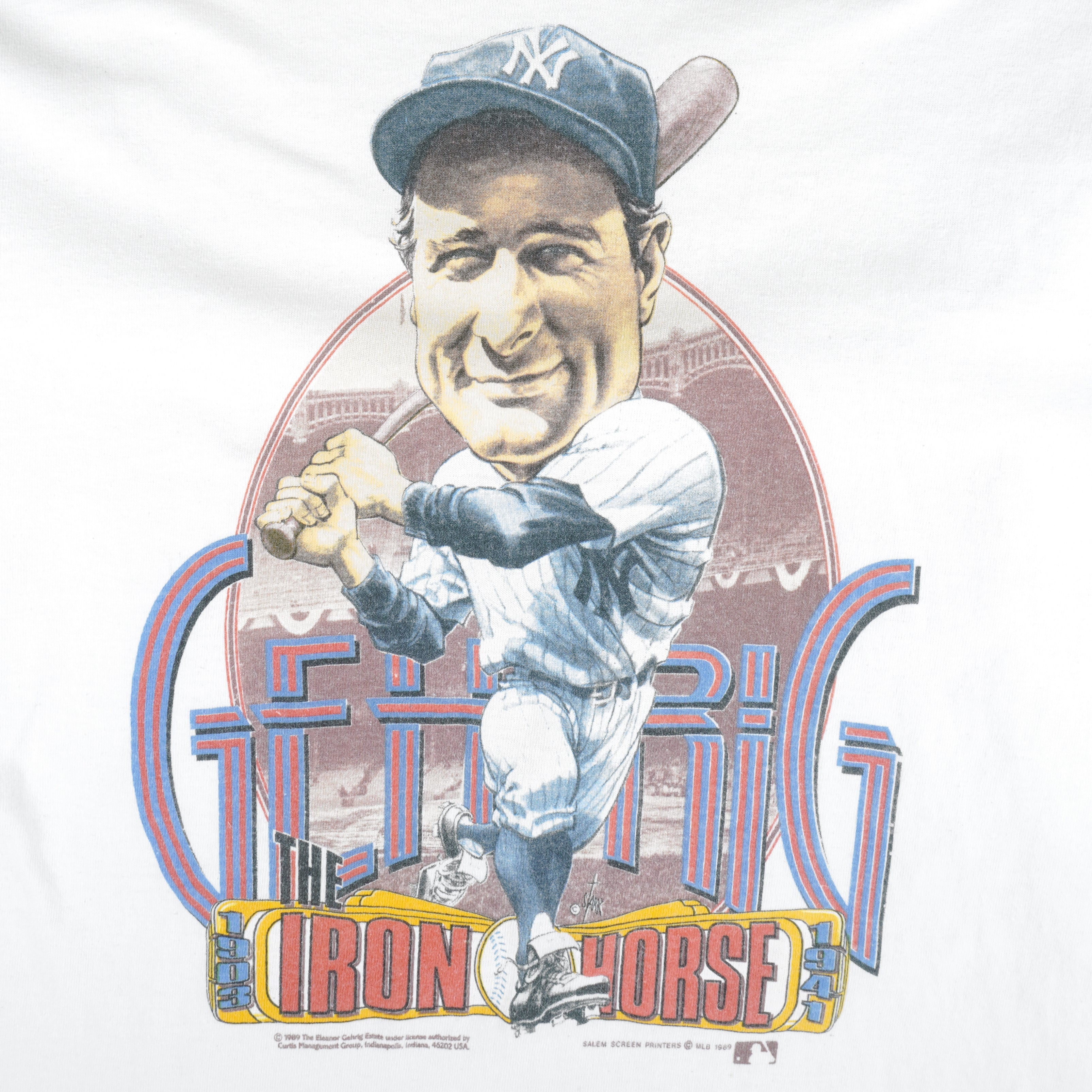 MLB (Salem) - New York Yankees Lou Gehrig Caricature T-Shirt 1989 X-Large Vintage Retro Baseball