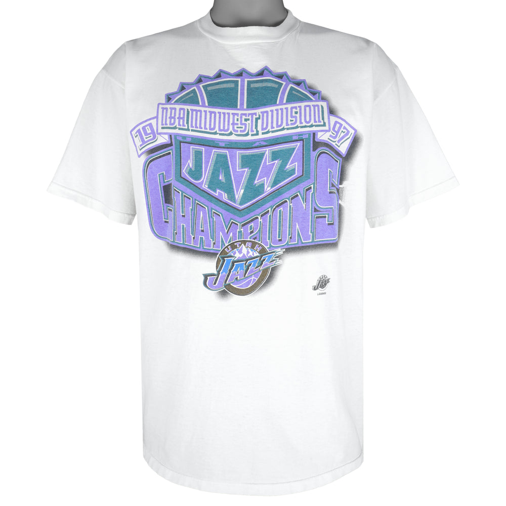 NBA (Logo 7) - Grey Utah Jazz Midwest Divison T-Shirt 1997 X-Large Vintage Retro Basketball