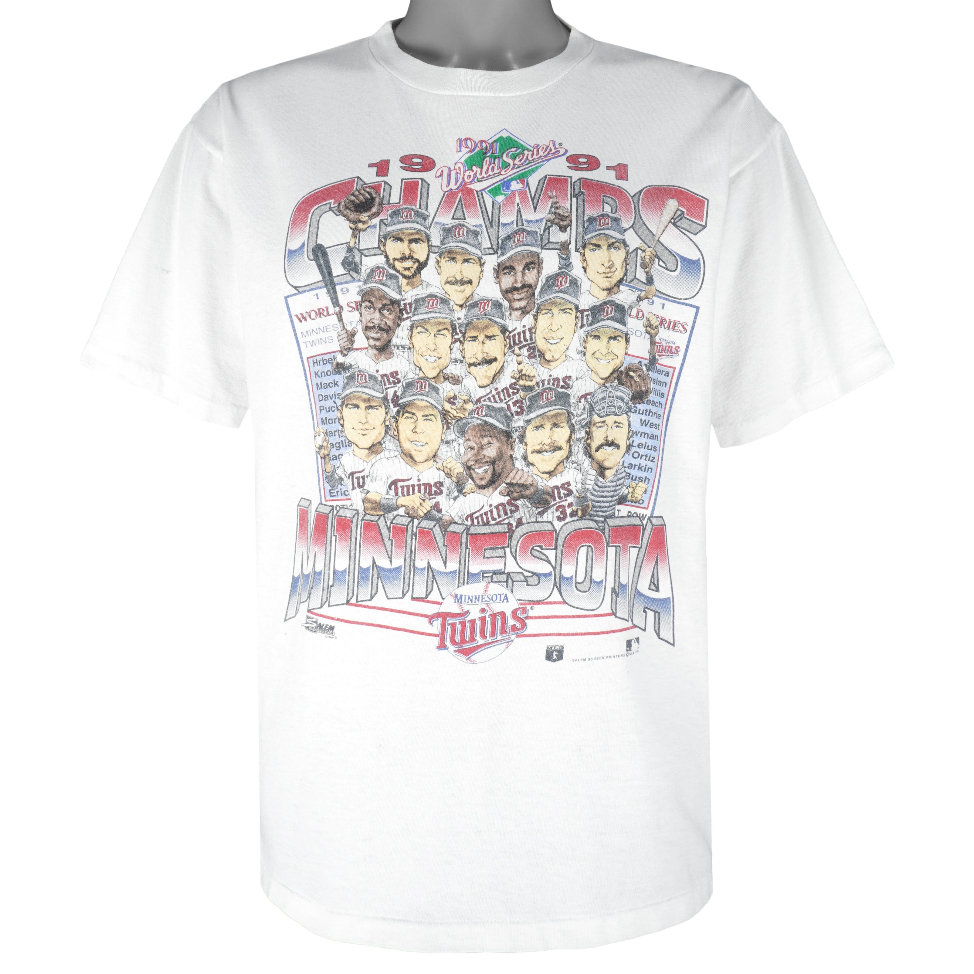 MLB (Salem) - Minnesota Twins Caricature Champs Single Stitch T-Shirt 1991 Large Vintage Retro Baseball