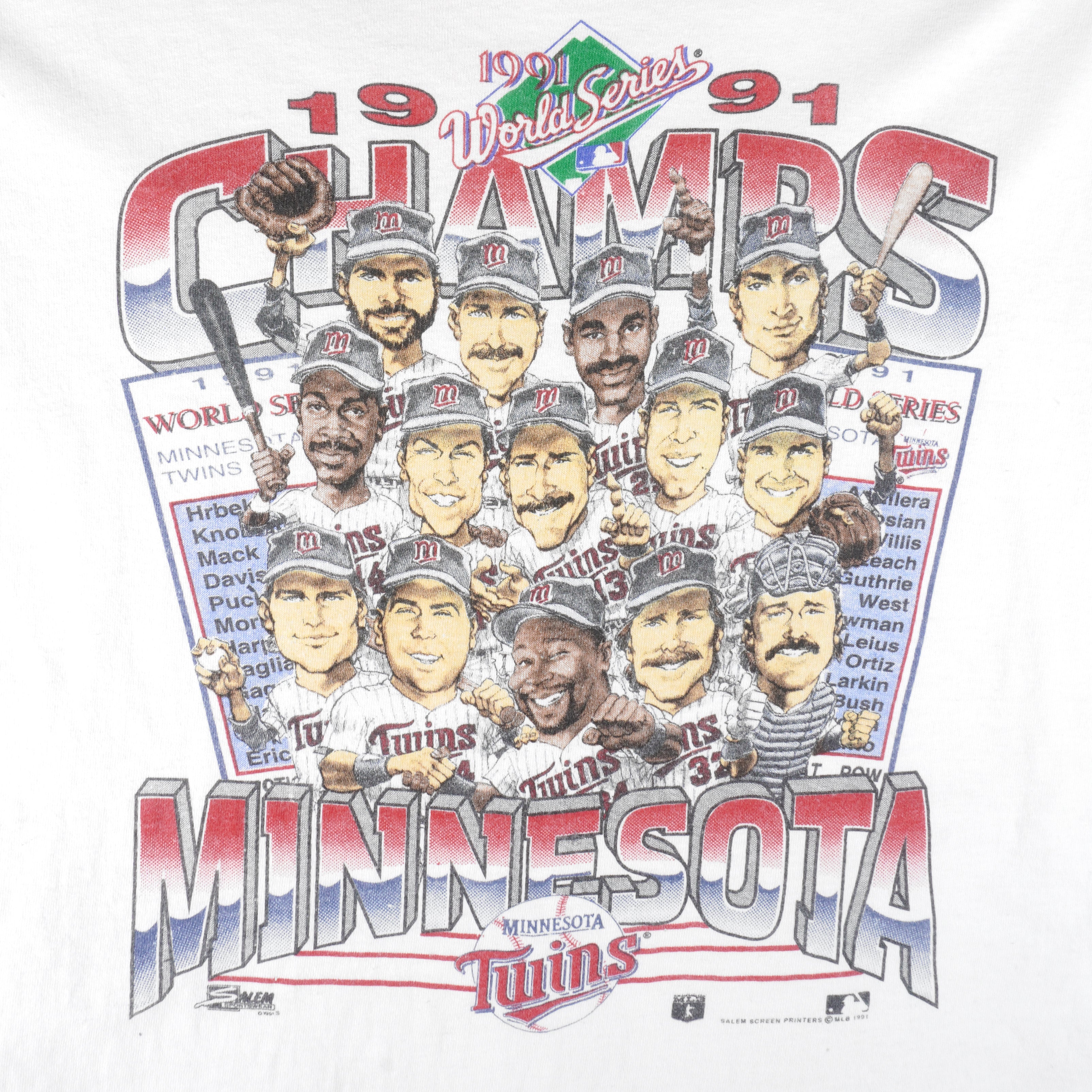 MLB (Salem) - Minnesota Twins Caricature Champs Single Stitch T-Shirt 1991 Large Vintage Retro Baseball