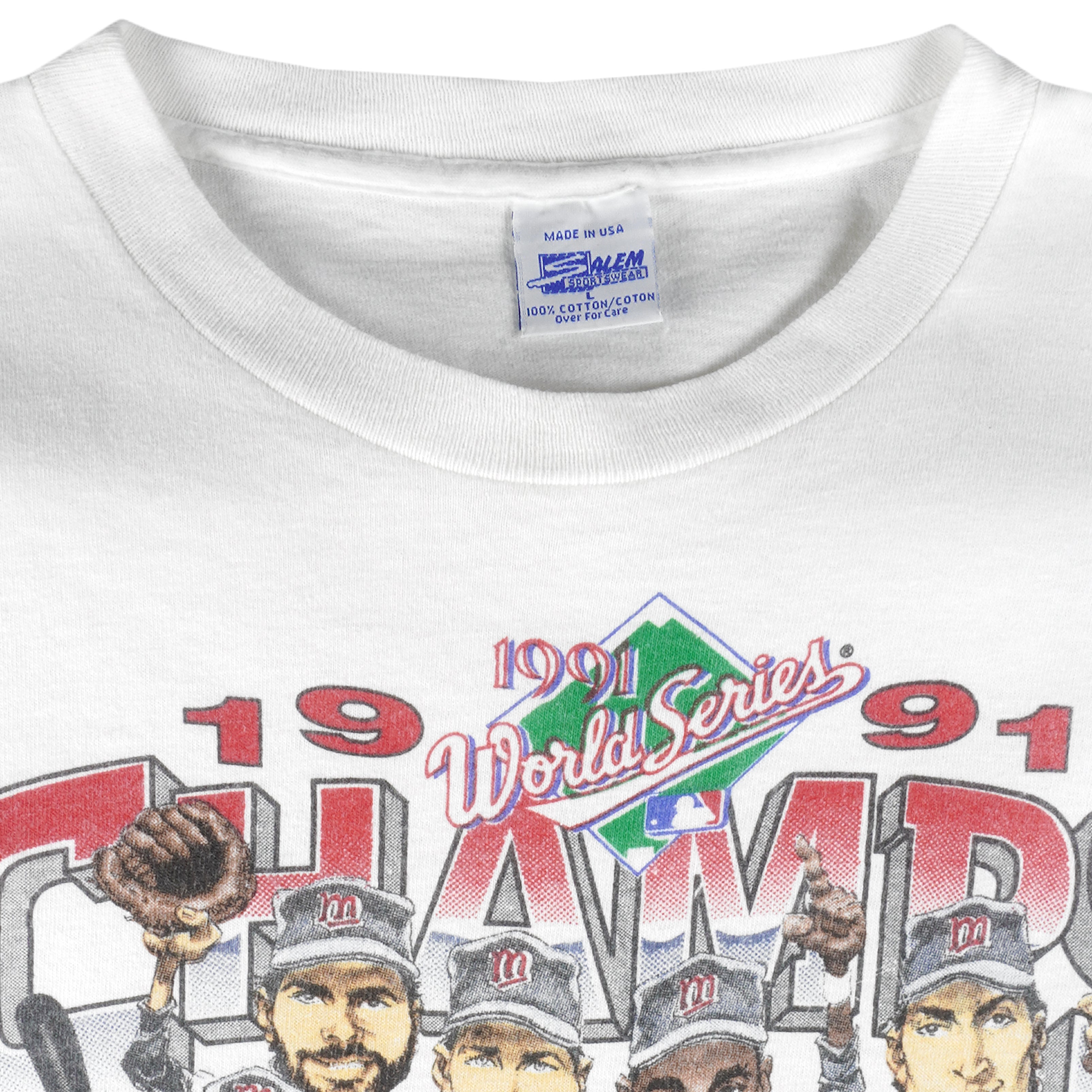 MLB (Salem) - Minnesota Twins Caricature Champs Single Stitch T-Shirt 1991 Large Vintage Retro Baseball