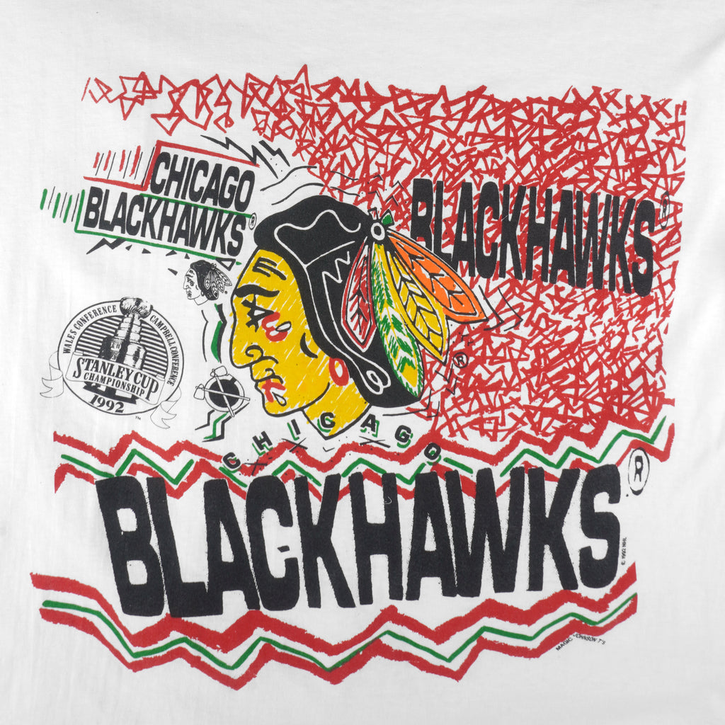 NHL (Magic Johnson T's) - Chicago Blackhawks Stanley Cup Single Stitch T-Shirt 1992 X-Large Vintage Retro Hockey