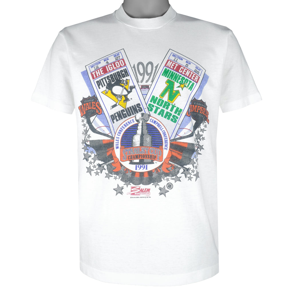 NHL - Pittsburgh Penguins VS Minnesota North Stars Single Stitch T-Shirt 1991 Large Vintage Retro Hockey