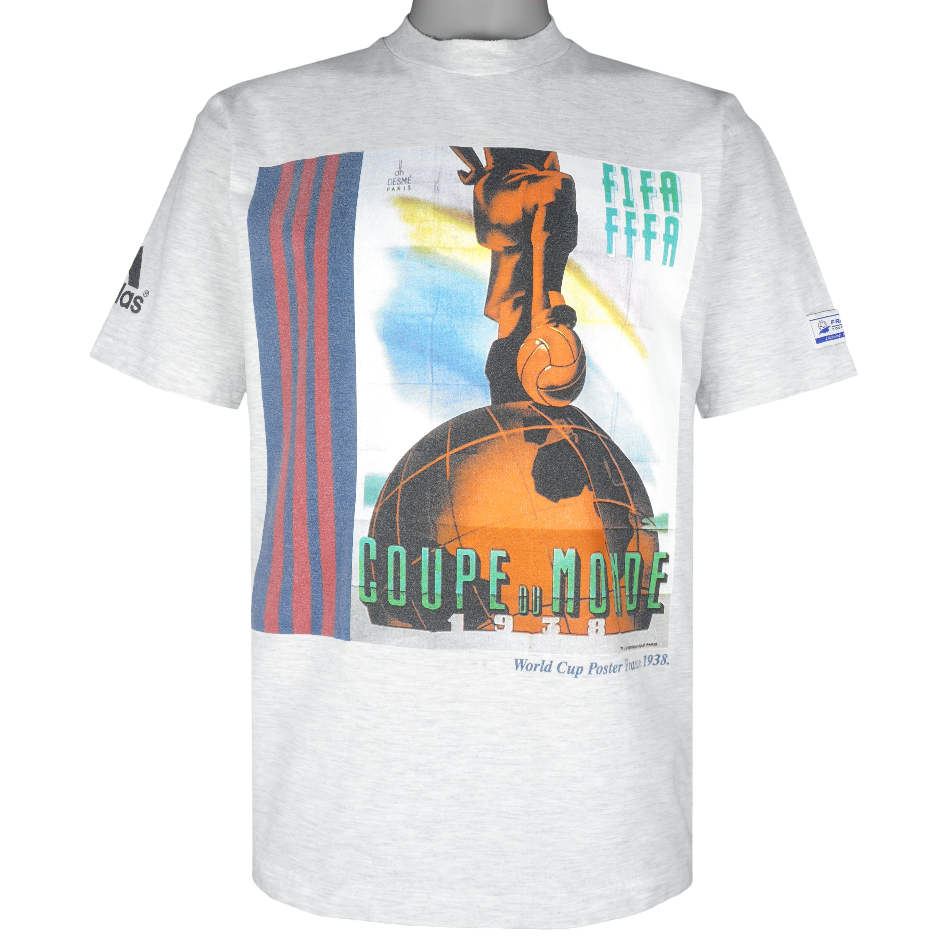 Adidas - Fifa World Cup Poster France 1938 T-Shirt 1990s Small Vintage Retro Football