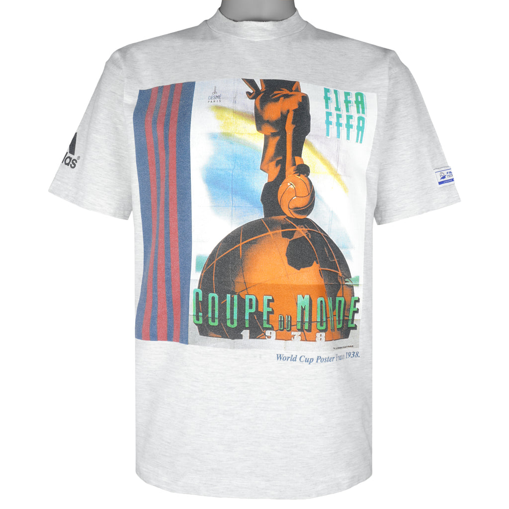Adidas - Fifa World Cup Poster France 1938 T-Shirt 1990s Small Vintage Retro Football
