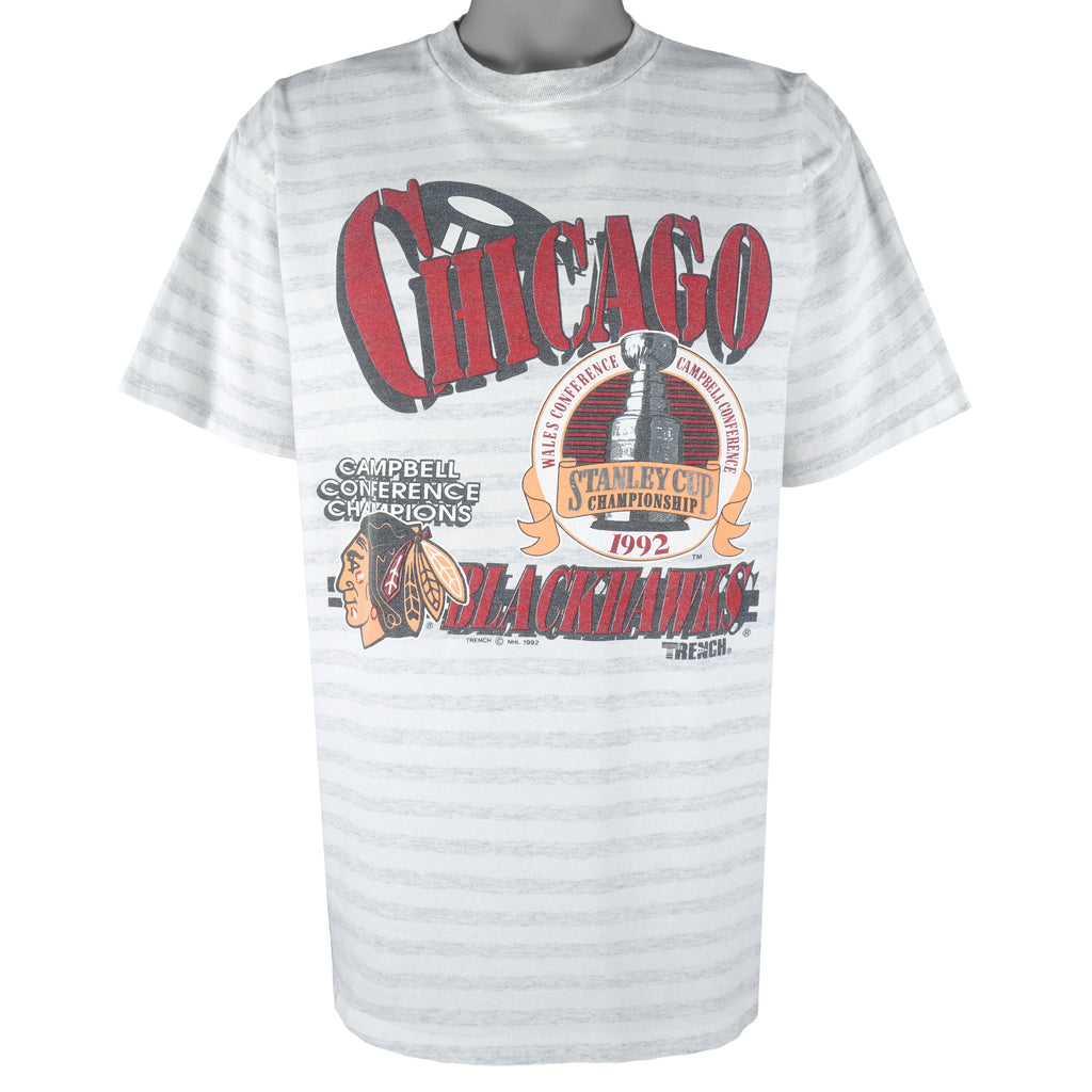 NHL (Trench) - Chicago Blackhawks Stanley Cup Champs Single Stitch T-Shirt 1992 X-Large Vintage Retro Hockey