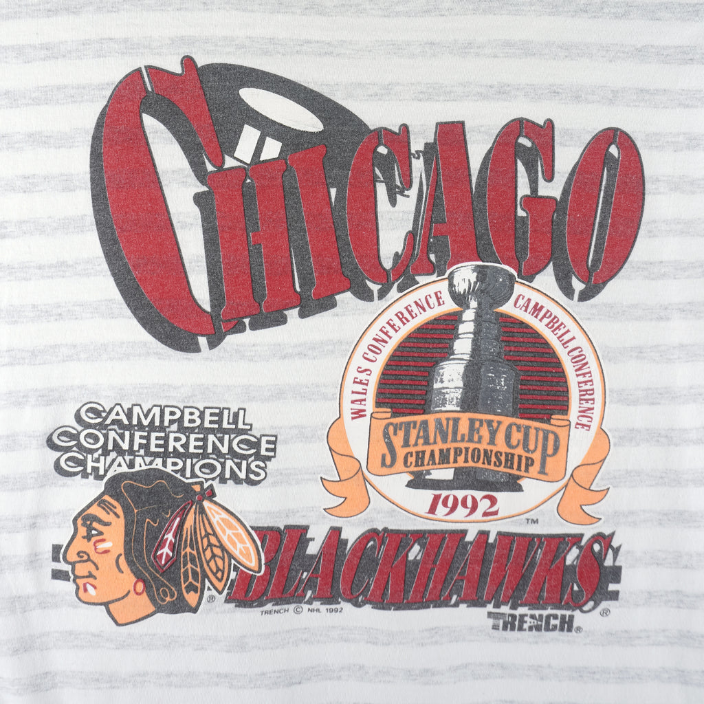 NHL (Trench) - Chicago Blackhawks Stanley Cup Champs Single Stitch T-Shirt 1992 X-Large Vintage Retro Hockey