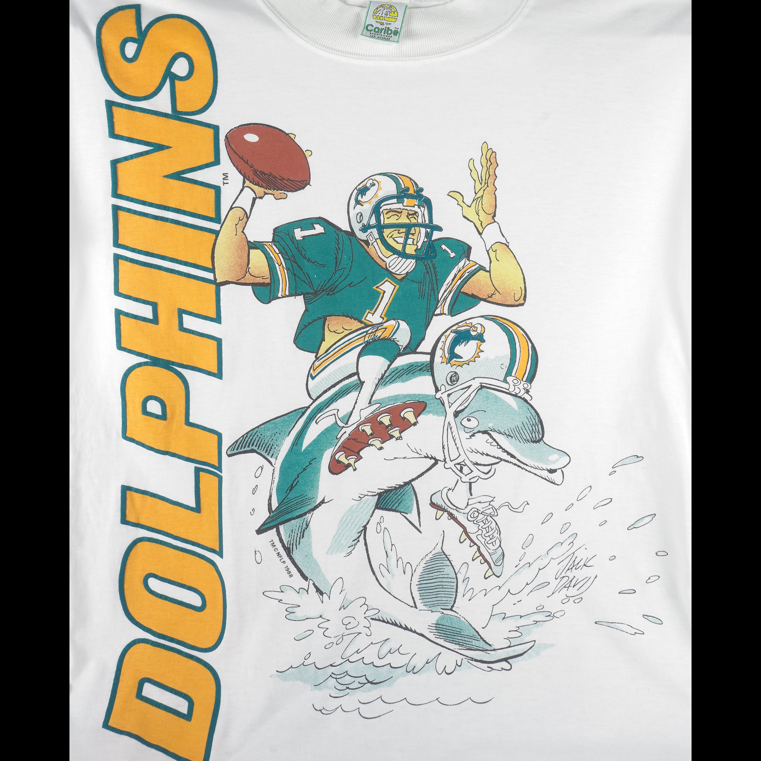 NFL (Caribe) - Miami Dolphins Caricature Single Stitch T-Shirt 1988 X-Large Vintage Retro Football 