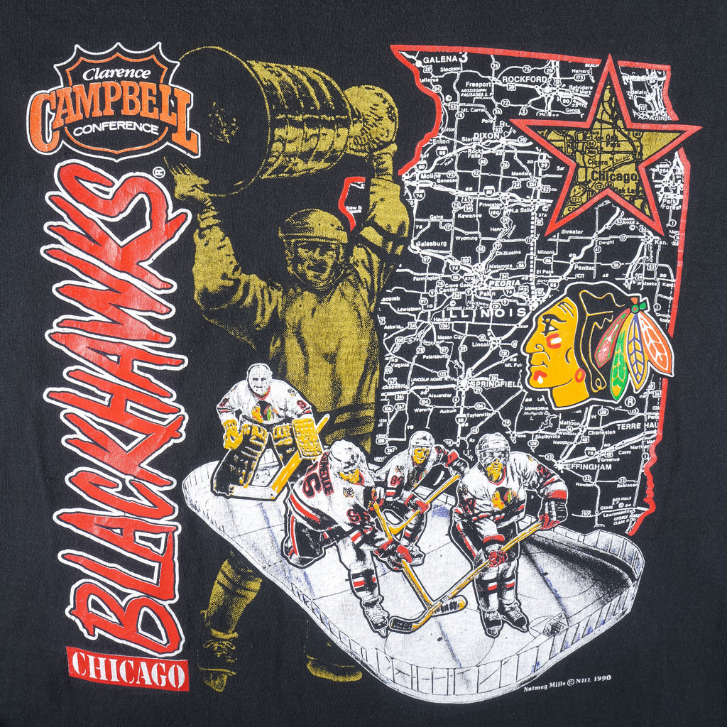 NHL (Nutmeg) - Chicago Blackhawks Stadium Map Single Stitch T-Shirt 1990 X-Large Vintage Retro Hockey