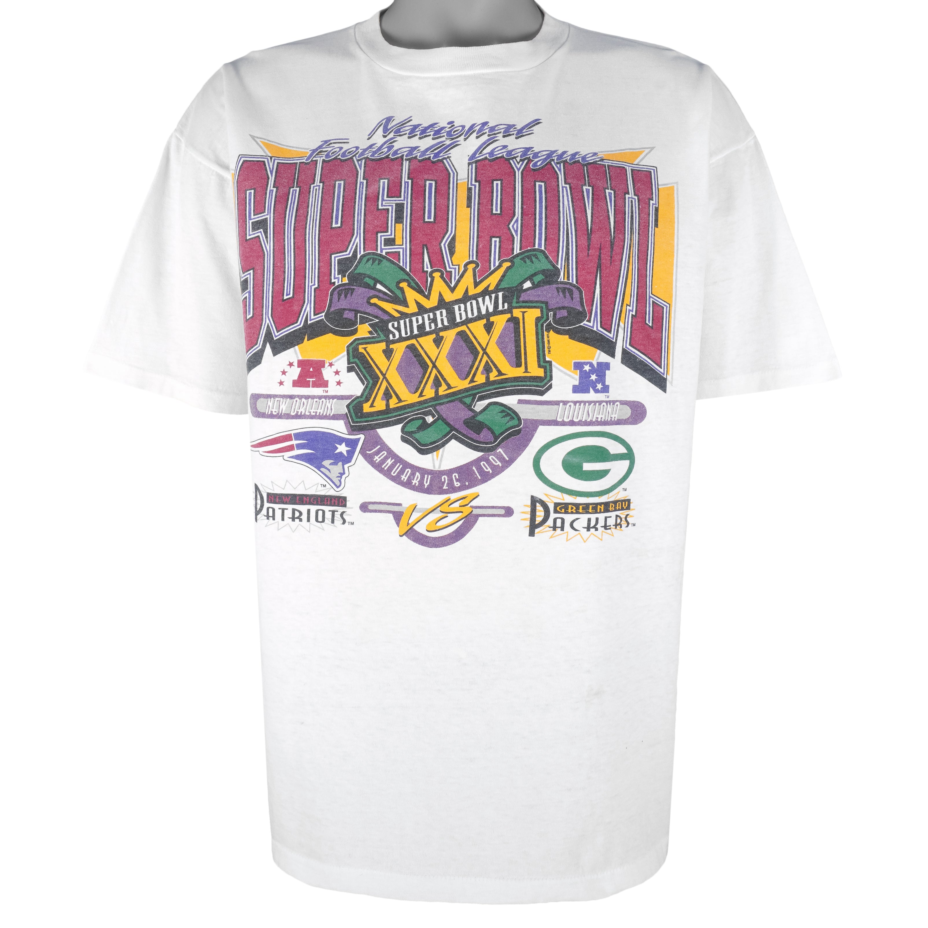 NFL (Oneita) - Packers VS Patriots Super Bowl 31st T-Shirt 1997 X-Large Vintage Retro Football