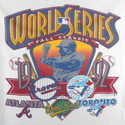 MLB (Hanes) - Atlanta Braves VS Toronto Blue Jays World Series T-Shirt 1992 Large Vintage Retro Baseball