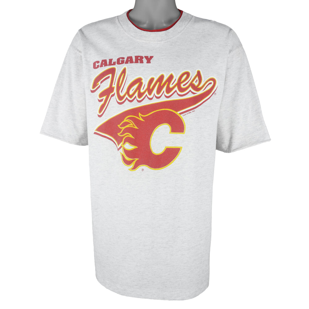 NHL (Waves) - Calgary Flames Big Logo Single Stitch T-Shirt 1992 Large Vintage Retro Hockey