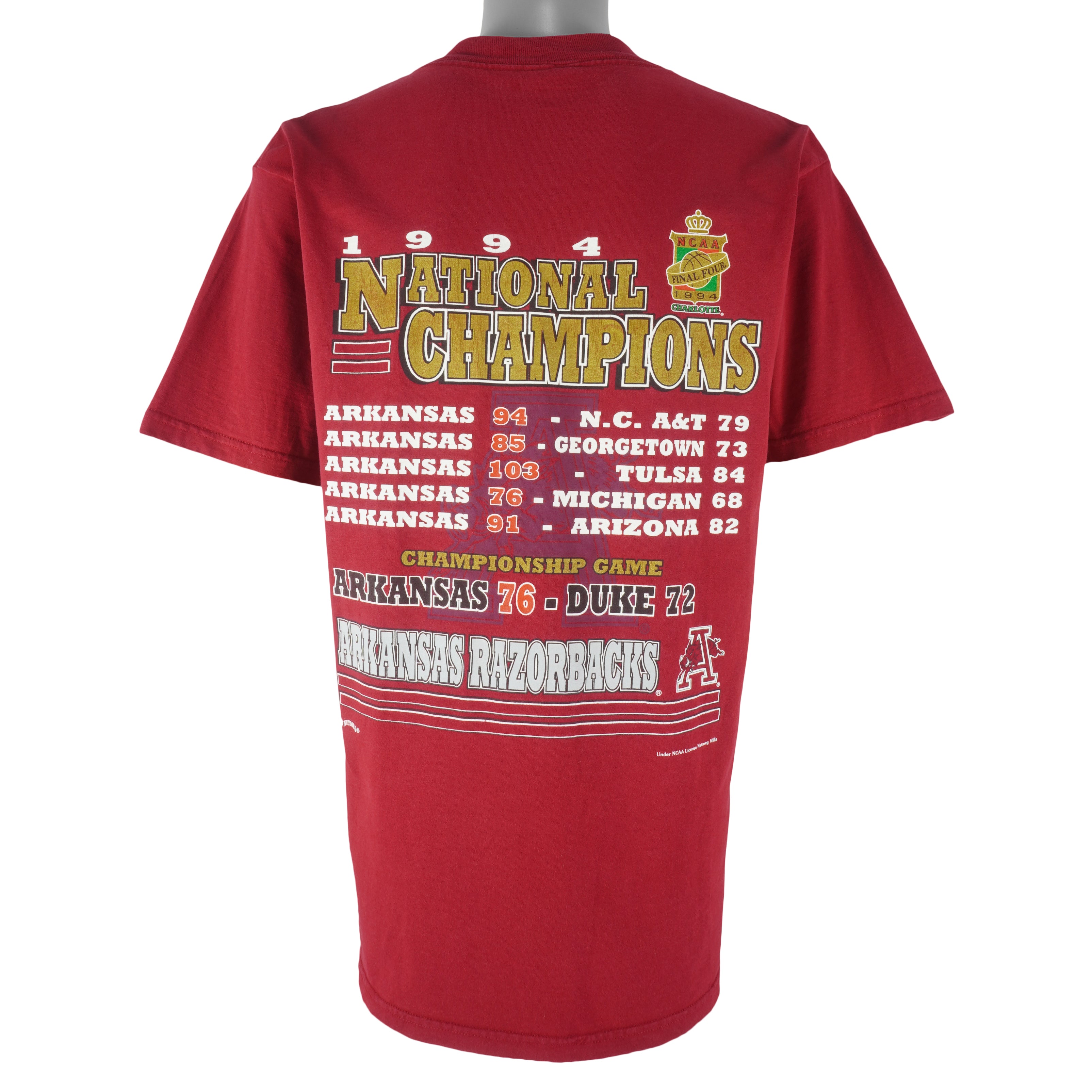 NCAA (Nutmeg) - Arkansas Razorbacks Champs T-Shirt 1994 Large Vintage Retro College