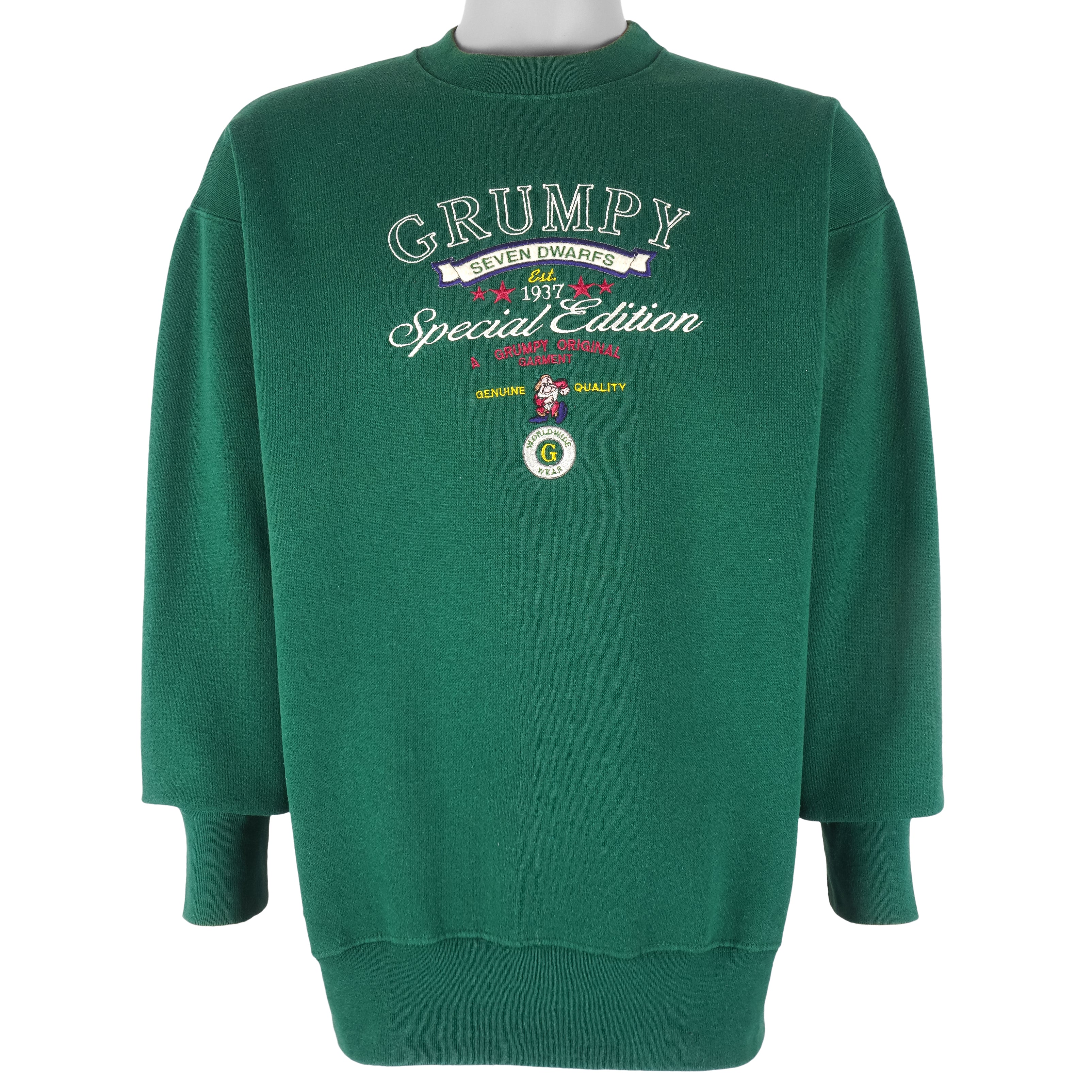 Disney - Grumpy Seven Dwarfs Embroidered Crew Neck Sweatshirt 1990s X-Large Vintage Retro