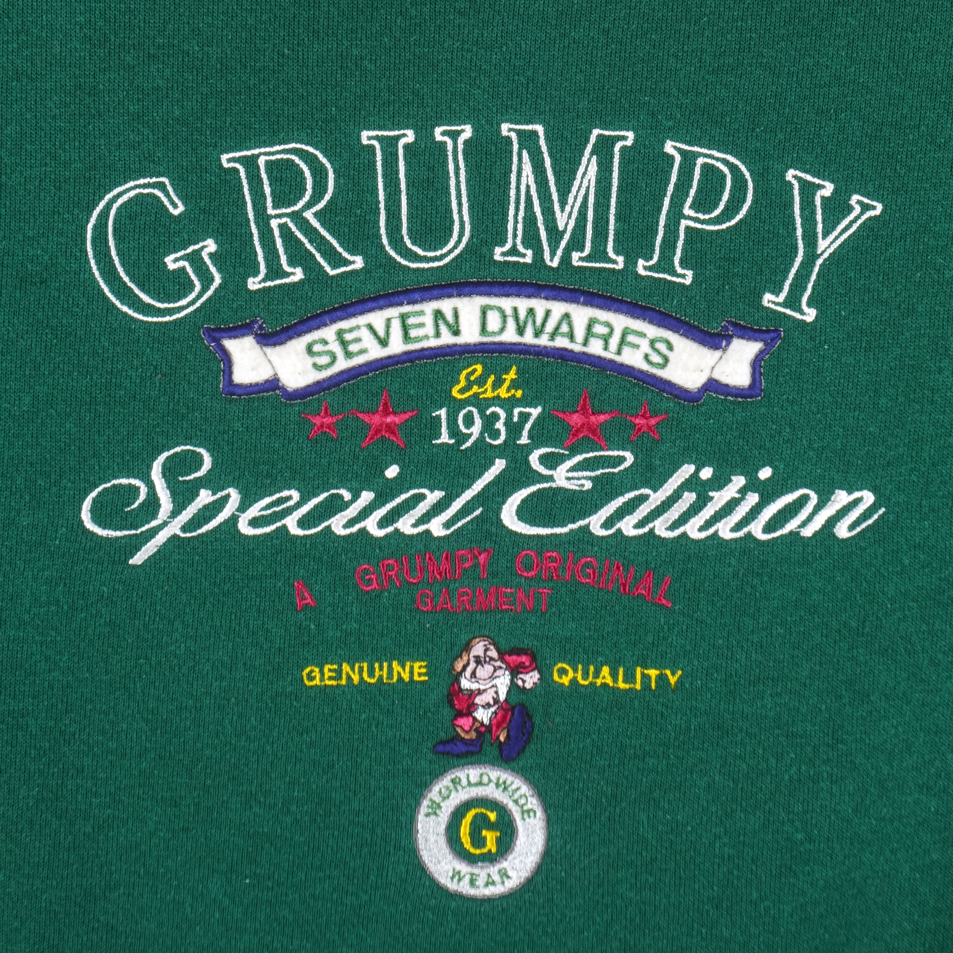 Disney - Grumpy Seven Dwarfs Embroidered Crew Neck Sweatshirt 1990s X-Large Vintage Retro