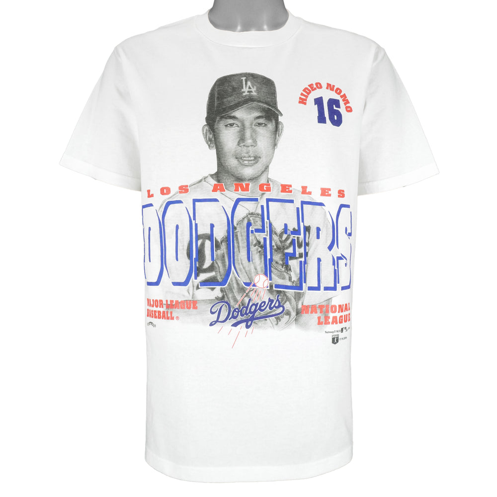 White Dodgers T-shirt with a large Hideo Nomo pitching graphic and number 16