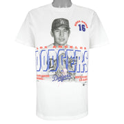White Dodgers T-shirt with a large Hideo Nomo pitching graphic and number 16
