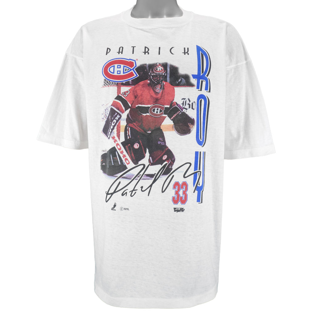 NHL (Woody Sports) - Montreal Canadiens Patrick Roy T-Shirt 1990s X-Large Vintage Retro Hockey