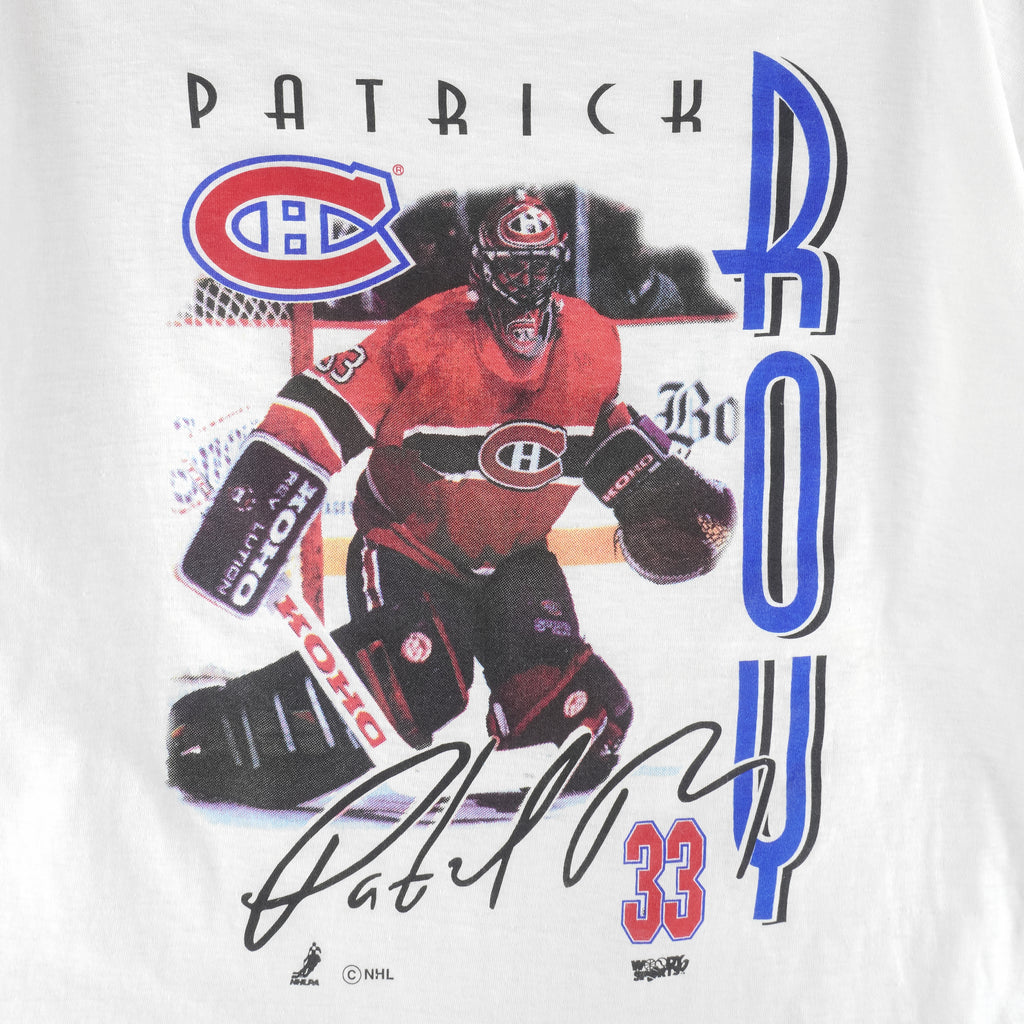 NHL (Woody Sports) - Montreal Canadiens Patrick Roy T-Shirt 1990s X-Large Vintage Retro Hockey