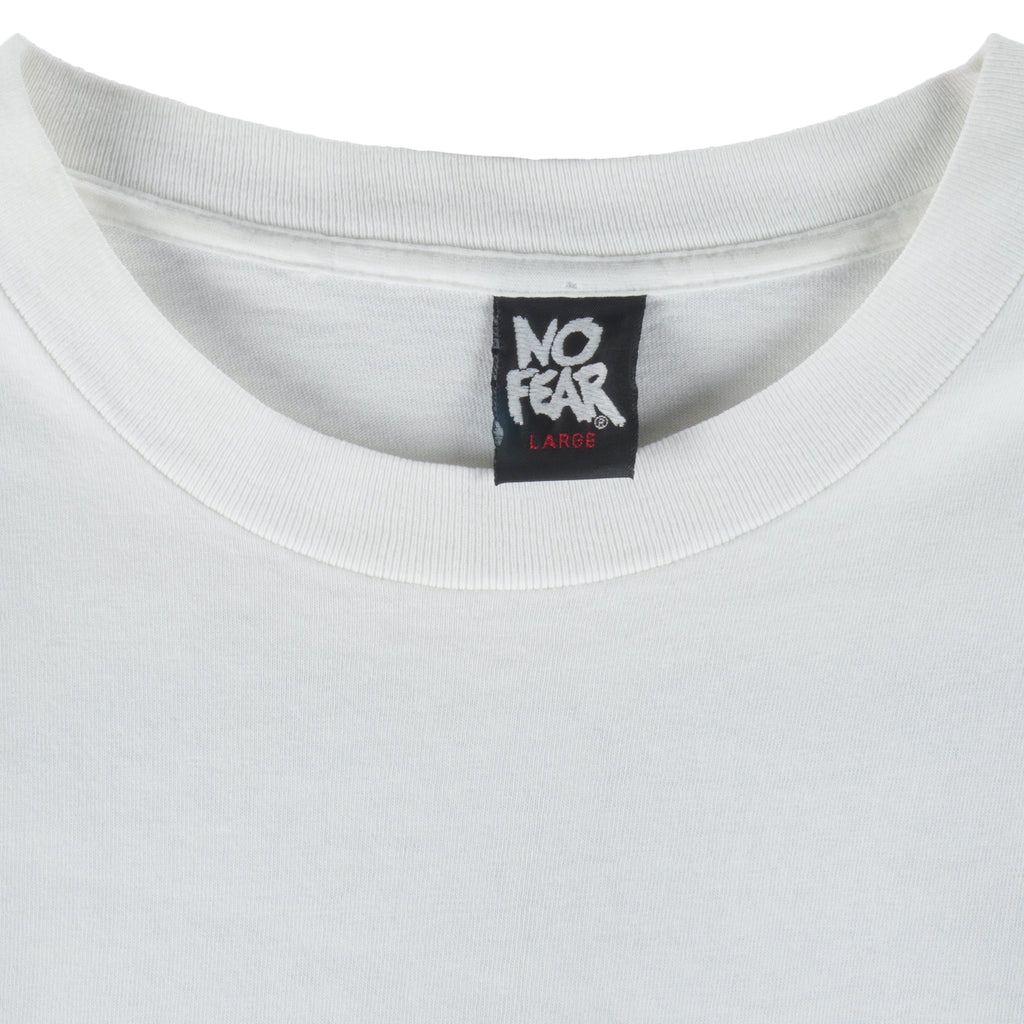 1990s Vintage No Fear You Can't Steal Second With Your Foot On First T-Shirt. White in color, fits large size and is in excellent condition.