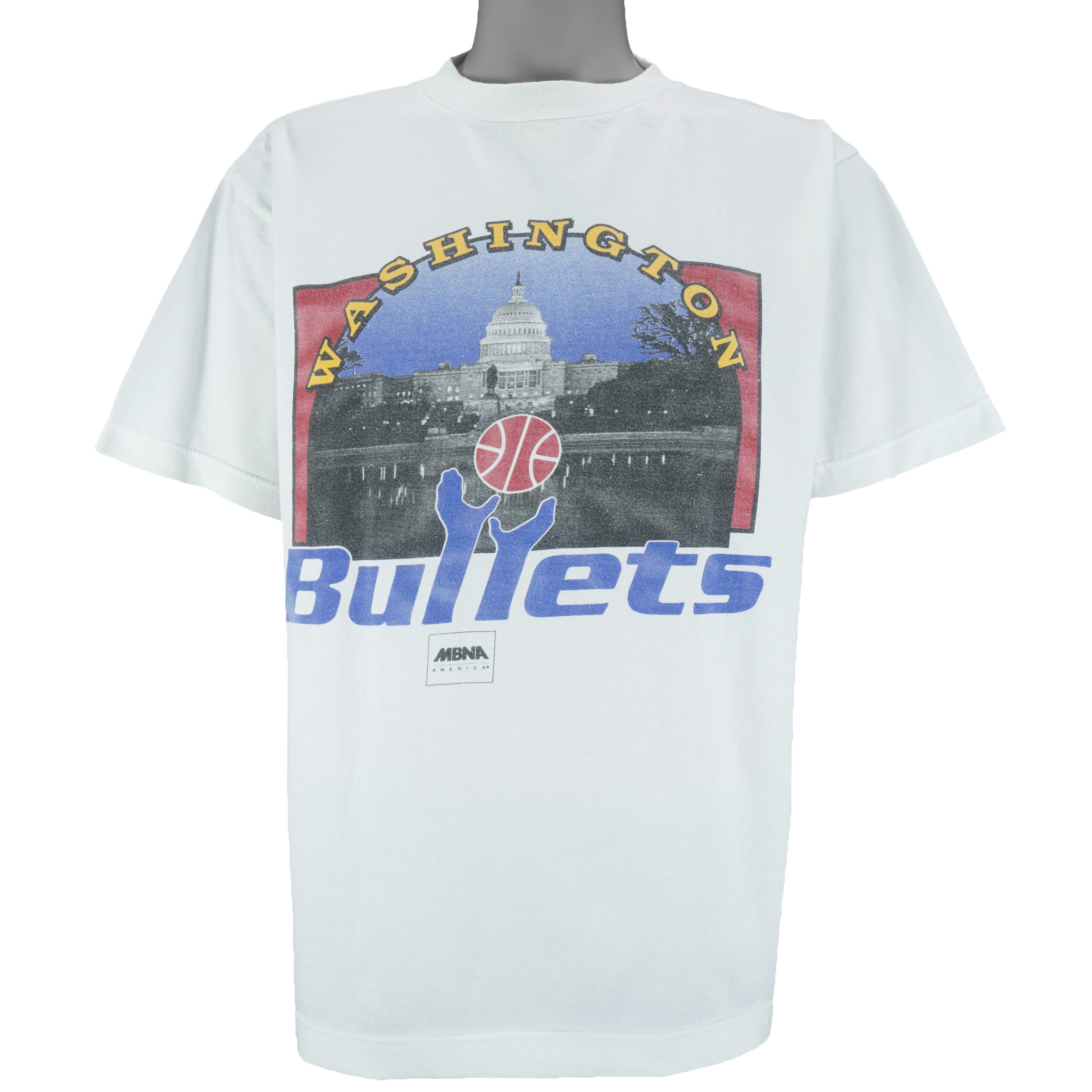 1990s Vintage NBA Washington Bullets Big Spell-Out & Logo T-Shirt by Team Champ. White in color, fits X-large size and is in excellent condition.