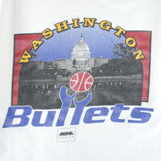 1990s Vintage NBA Washington Bullets Big Spell-Out & Logo T-Shirt by Team Champ. White in color, fits X-large size and is in excellent condition.