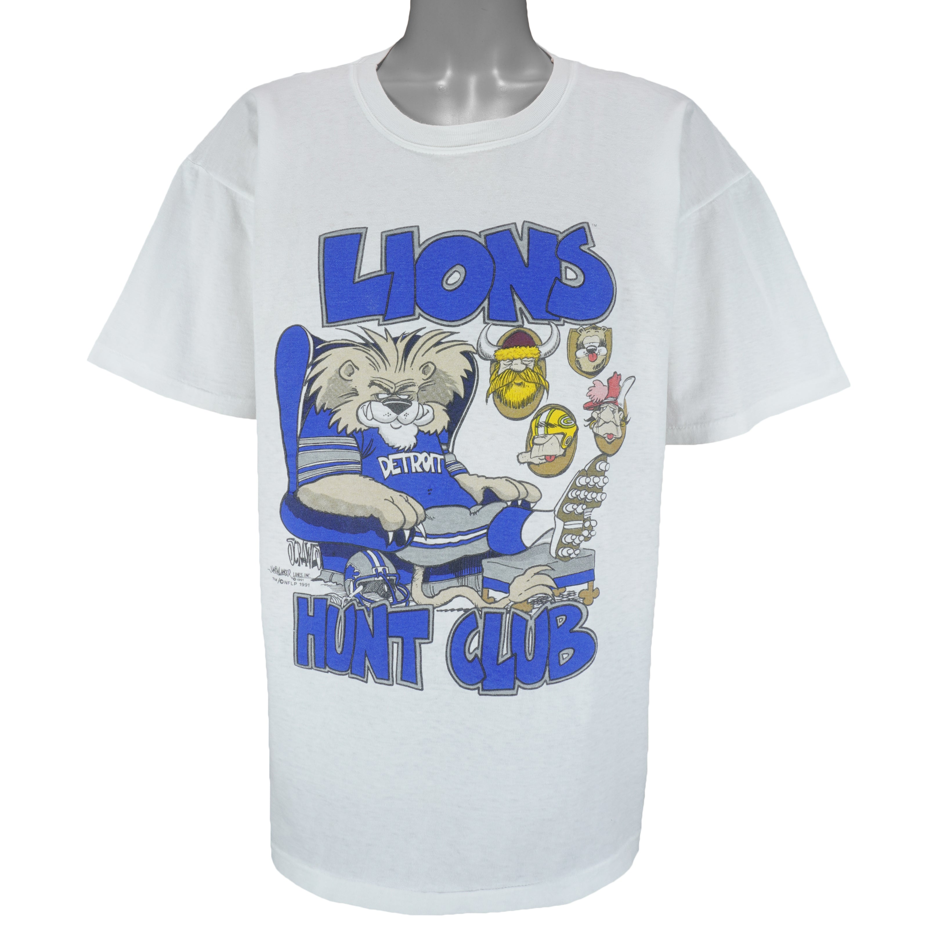 NFL - Detroit Lions Hunt Club Caricature Single Stitch T-Shirt 1991 Large Vintage Retro Football