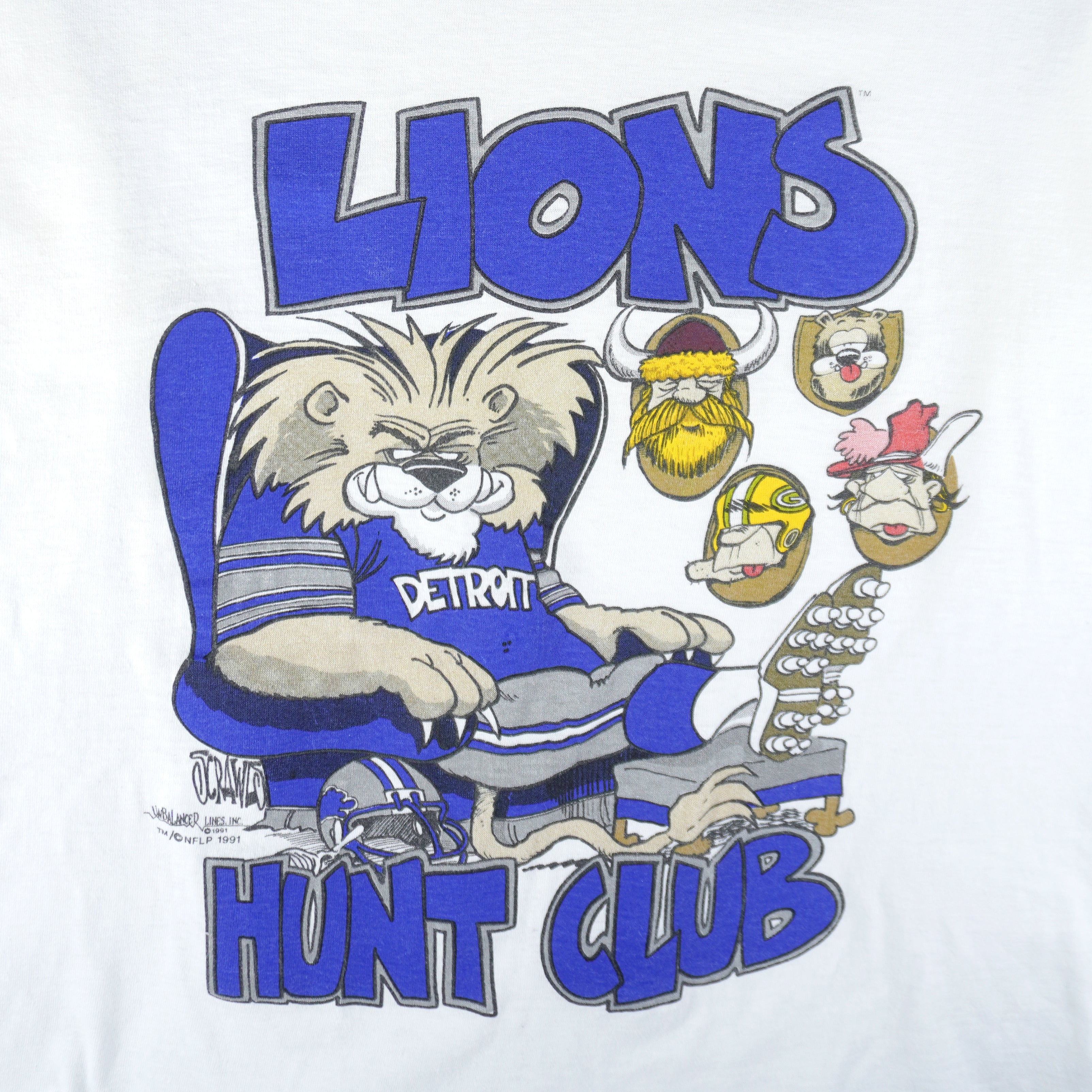 NFL - Detroit Lions Hunt Club Caricature Single Stitch T-Shirt 1991 Large Vintage Retro Football