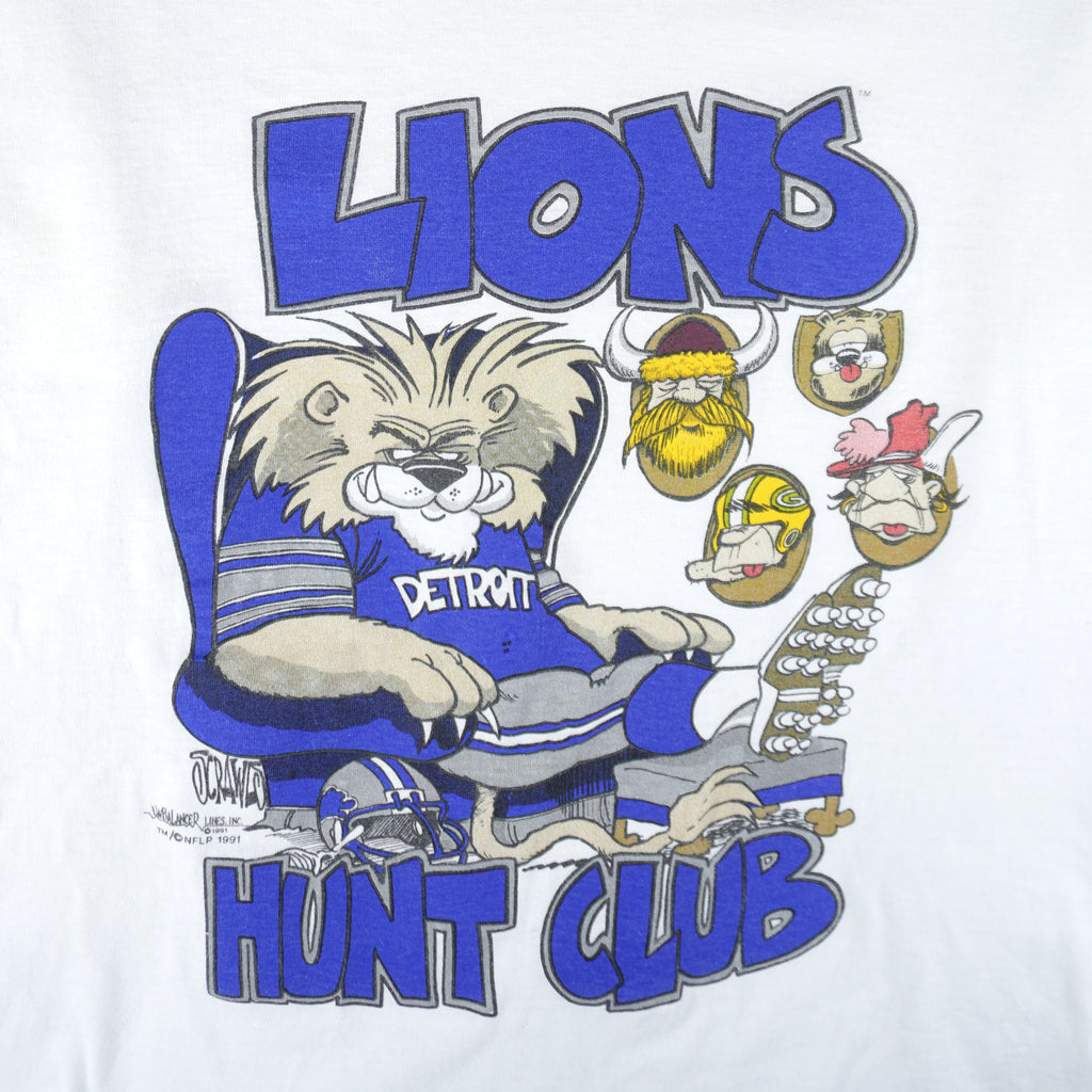 NFL - Detroit Lions Hunt Club Caricature Single Stitch T-Shirt 1991 Large Vintage Retro Football