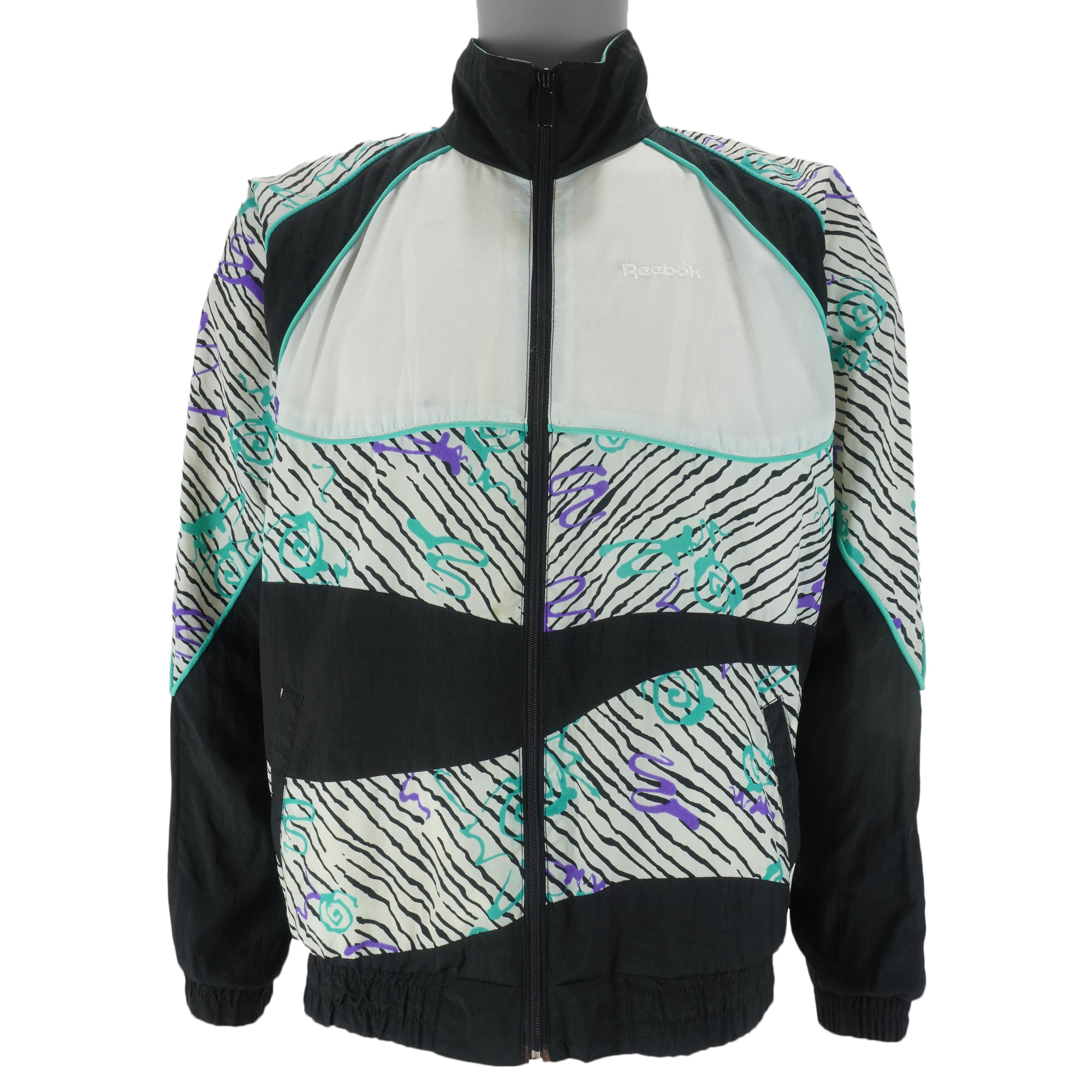 Reebok - Black & White Graphics Zip-Up Windbreaker 1990s Large Vintage Retro