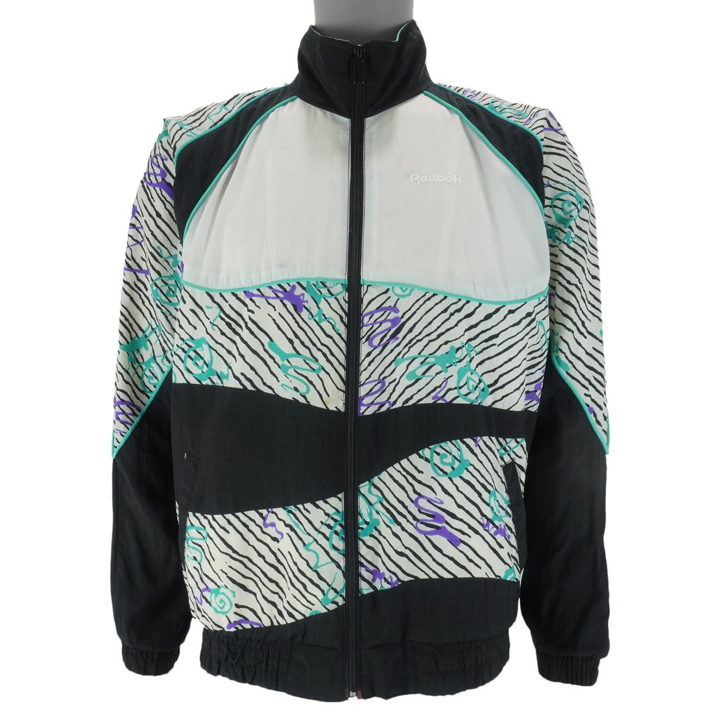 Reebok - Black & White Graphics Zip-Up Windbreaker 1990s Large Vintage Retro