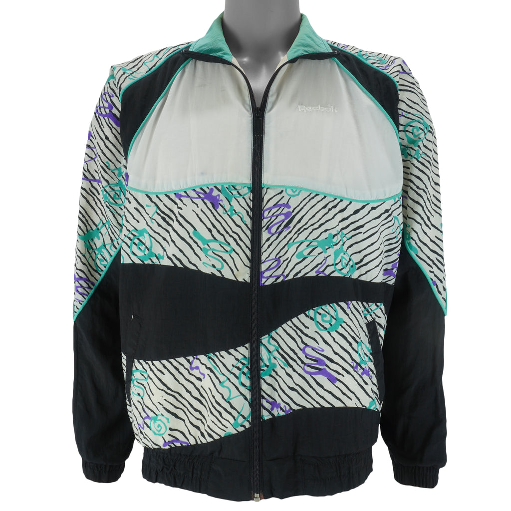 Reebok - Black & White Graphics Zip-Up Windbreaker 1990s Large Vintage Retro