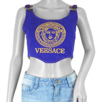 Reworked (Versace) - Blue Lace-Back Crop Top Womens Adjustable