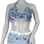 Reworked - Blue Denim Patchwork Bikini Top Womens Adjustable