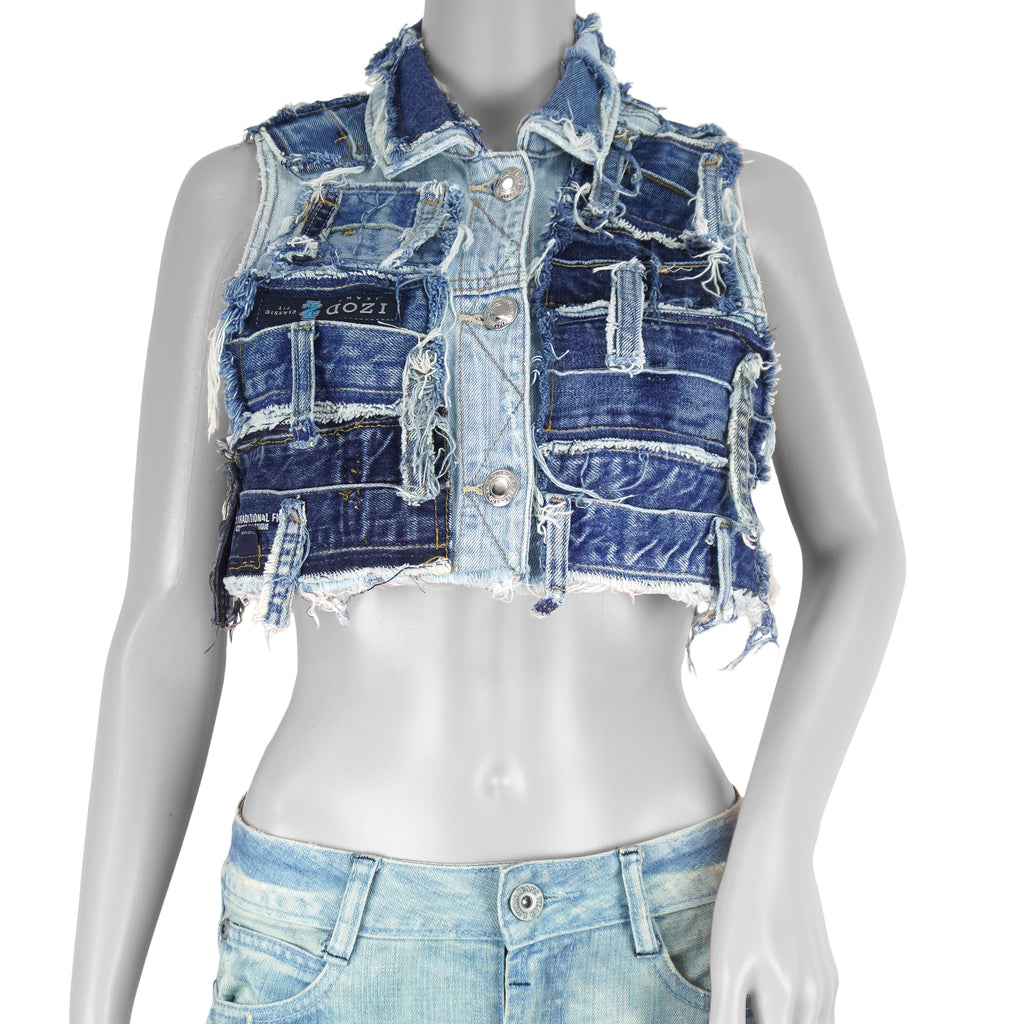 Reworked - Denim Patchwork Cropped Vest Womens Small vintage Retro