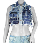 Reworked - Denim Patchwork Cropped Vest Womens Small vintage Retro