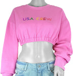 Reworked - USA Crew Pink Cropped Sweatshirt Womens Medium Vintage Retro