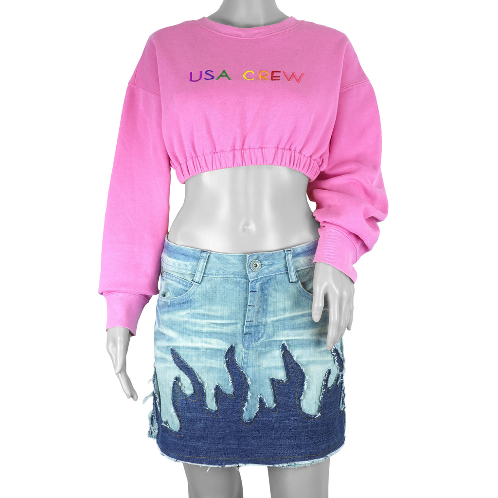 Reworked - USA Crew Pink Cropped Sweatshirt Womens Medium Vintage Retro