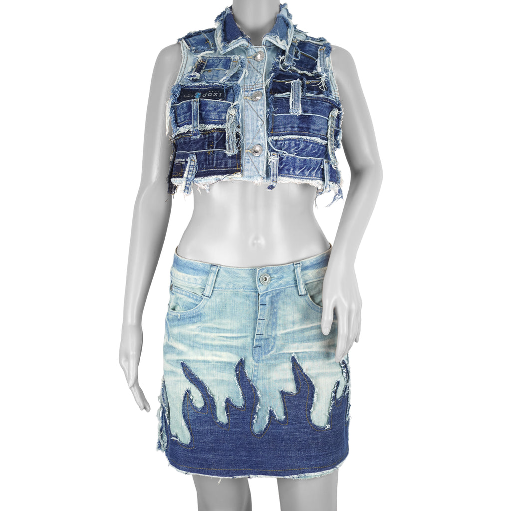 Reworked - Denim Flame Design Mini Skirt Womens Small