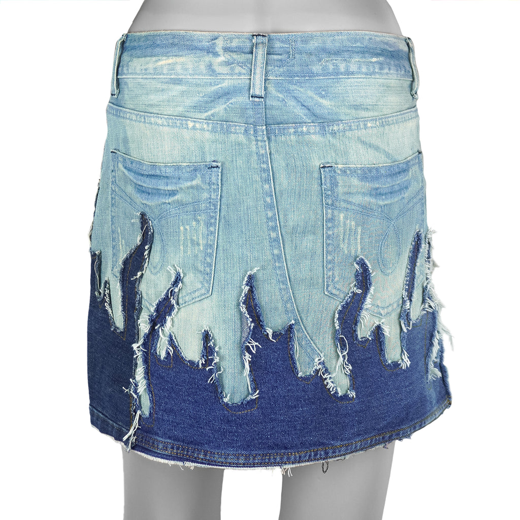 Reworked - Denim Flame Design Mini Skirt Womens Small