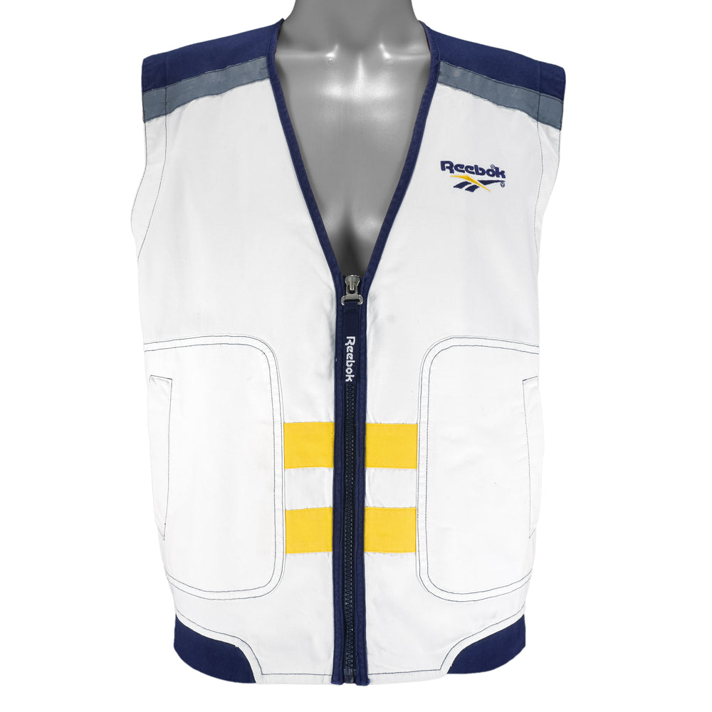 Reebok - White & Yellow Embroidered V-Neck Vest 1990s Large Vintage Retro