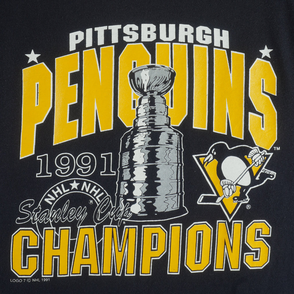 NHL (Logo 7) - Pittsburgh Penguins Stanley Cup Championship T-Shirt 1991 Large Vintage Retro Hockey