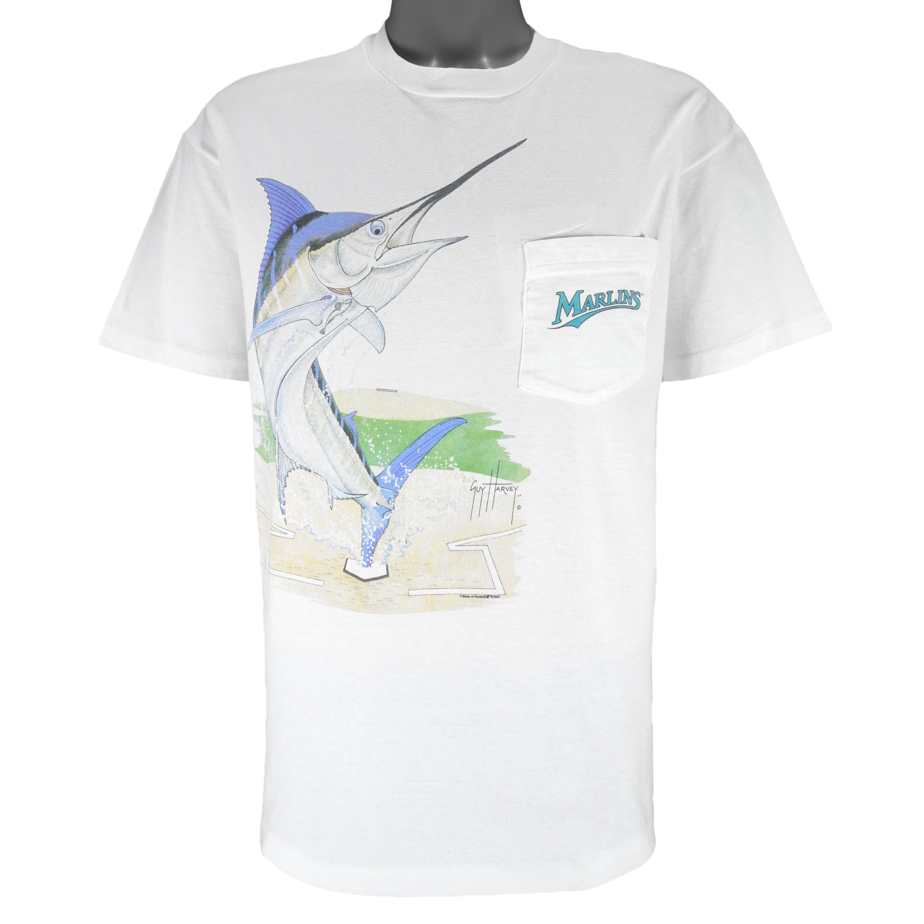 MLB (Guy Harvey) - Florida Marlins Catch The Fever Single Stitch T-Shirt 1993 Large Vintage Retro Baseball